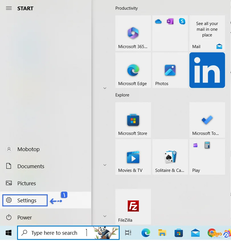 منوی Start و گزینه Settings