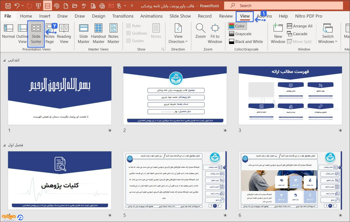 گزینه Slide Sorter از سربرگ View