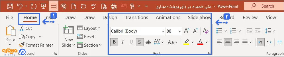 تغییر فونت خمیده در پاورپوینت با گزینه Font از سربرگ هوم