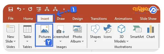 تب Insert و انتخاب گزینه Pictures