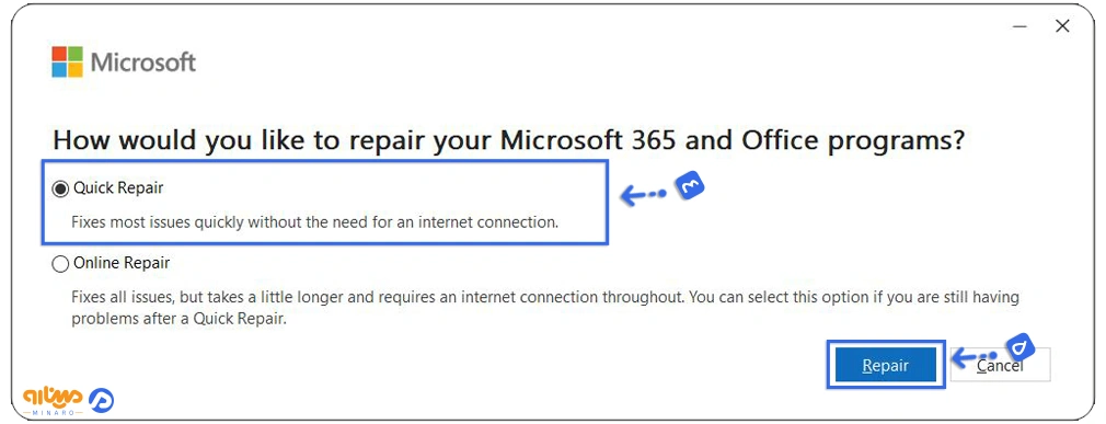 انتخاب گزینه Quick Repair و زدن بر روی Repair برای پیدا کردن علت ارور An error occurred while PowerPoint was saving the file در پاورپوینت