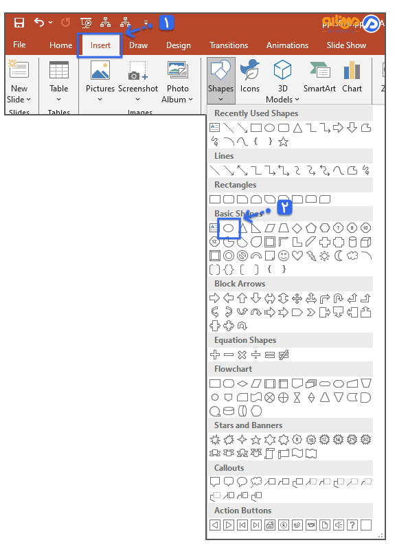 گزینه Shape از سربرگ اینسرت