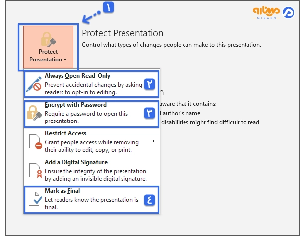 گزینه Protect Presentation برای جلوگیری از ویرایش کردن فایل در زمان اشتراک گذاری