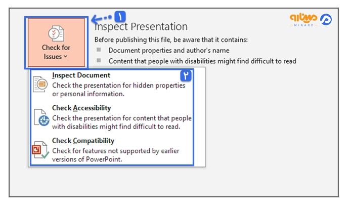 گزینه Inspect Presentation برای بررسی و نمایش دادن تمام مشکلات فایل