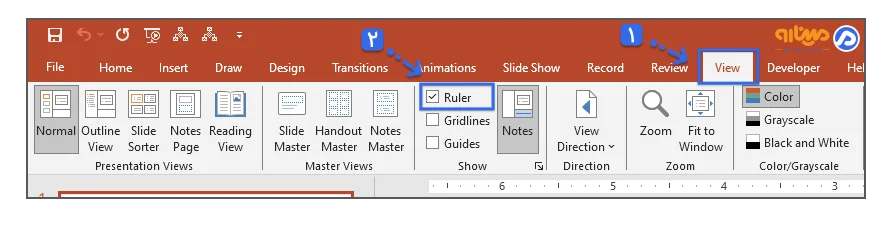 سربرگ View و فعال کردن تیک گزینه Ruler برای فعال کردن خط کش در پاورپوینت