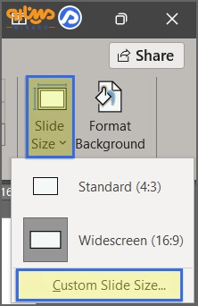 گزینه Slide Size از تب دیزاین
