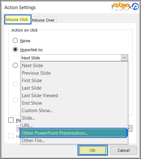 پنجره Action Settings و انتخاب گزینه Other PowerPoint Presentation
