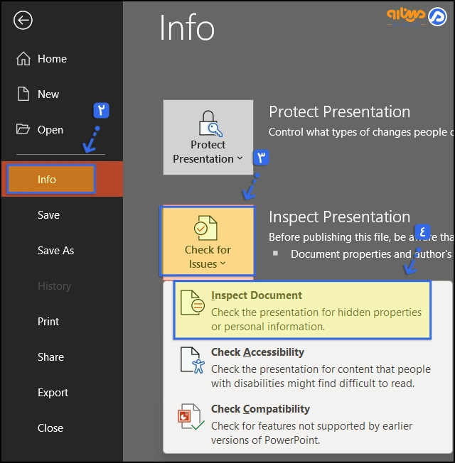 انتخاب گزینه Inspect Document از بخش Info