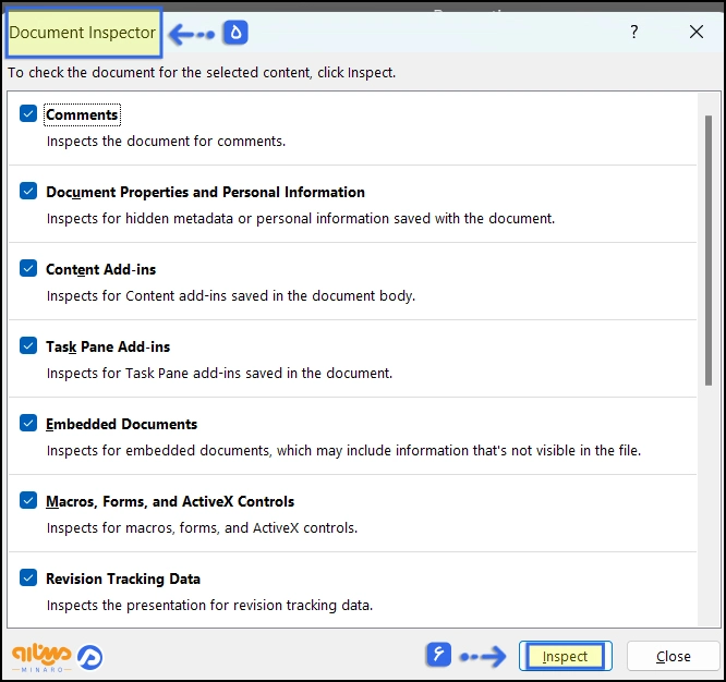 نمایش پنجره Document Inspector