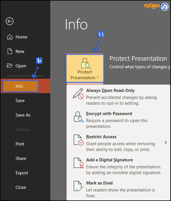  دستور Protect Information برای حفاظت از سند ارائه پاورپوینت