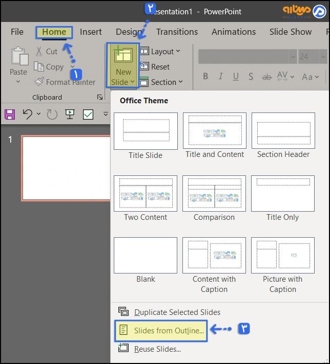تبدیل فایل Word به PPTX با وارد کردن فایل Word ویرایش شده به پاورپوینت با گزینه Slides from Outline از بخش New Slide